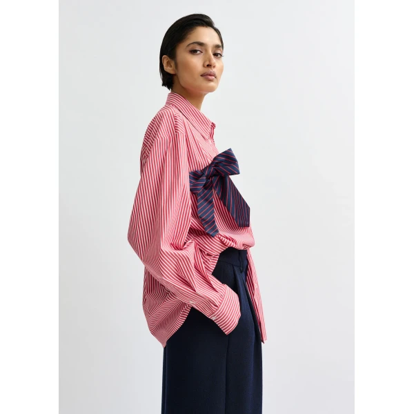 Essentiel Antwerp Red, white and navy striped oversized cotton shirt with tie bows, view 3