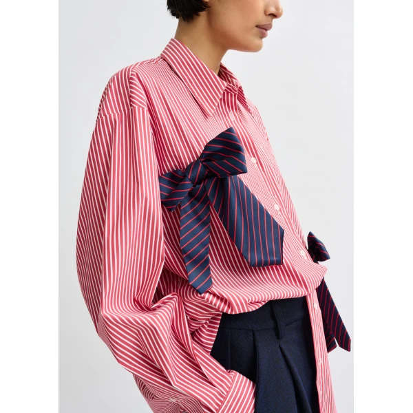 Essentiel Antwerp Red, white and navy striped oversized cotton shirt with tie bows, view 4