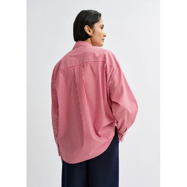 Essentiel Antwerp Red, white and navy striped oversized cotton shirt with tie bows, view 5