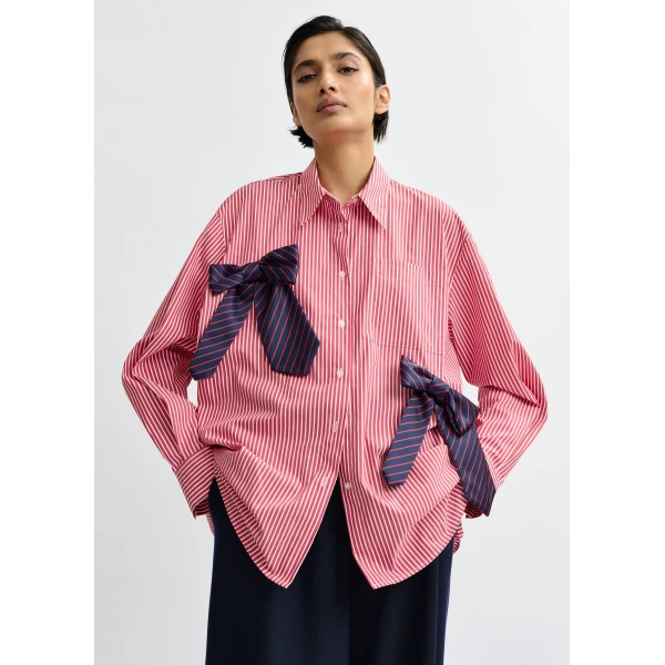 Essentiel Antwerp Red, white and navy striped oversized cotton shirt with tie bows, view 6