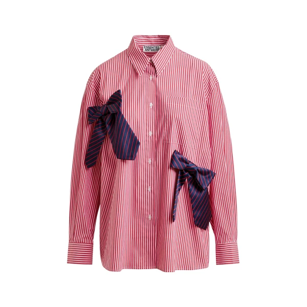 Essentiel Antwerp Red, white and navy striped oversized cotton shirt with tie bows