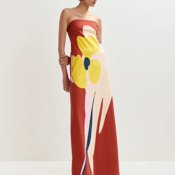 Essentiel Antwerp Rust, cream and yellow strapless maxi dress with oversized floral print, view 2