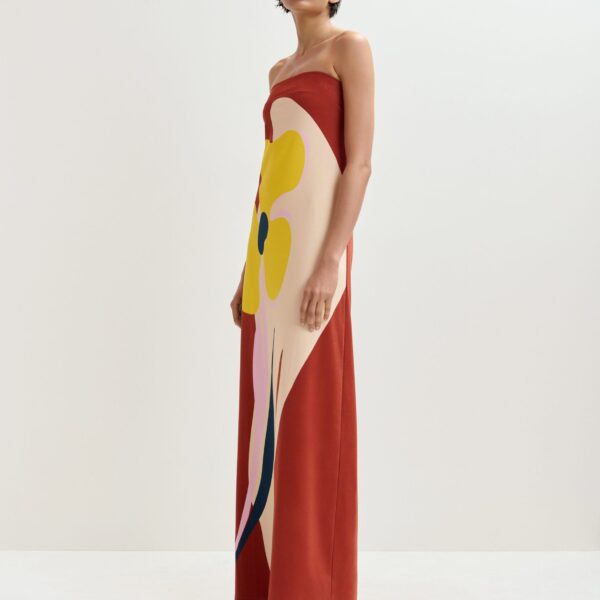 Essentiel Antwerp Rust, cream and yellow strapless maxi dress with oversized floral print, view 3