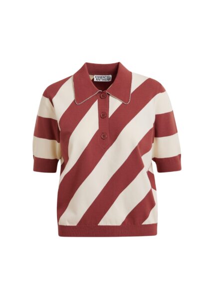 Terracotta and off-white striped polo with embellished collar