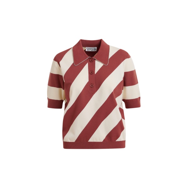 Terracotta and off-white striped polo with embellished collar