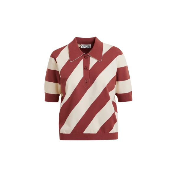 Terracotta and off-white striped polo with embellished collar