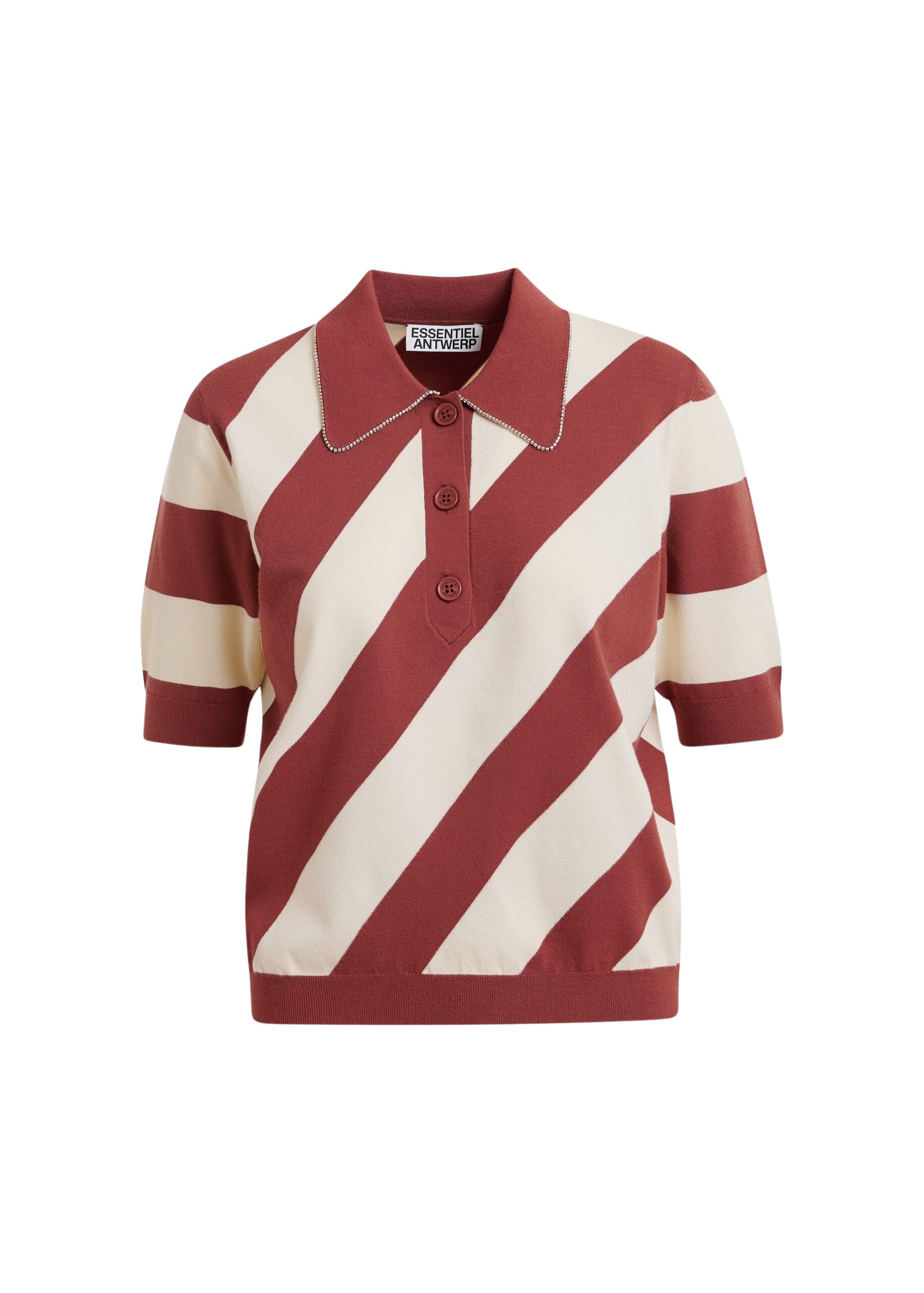 Terracotta and off-white striped polo with embellished collar