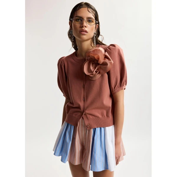 Essentiel Antwerp Terracotta fine knit cardigan with oversized flower brooch, view 2