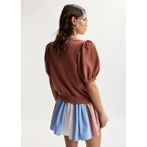 Essentiel Antwerp Terracotta fine knit cardigan with oversized flower brooch, view 5