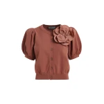 Essentiel Antwerp Terracotta fine knit cardigan with oversized flower brooch