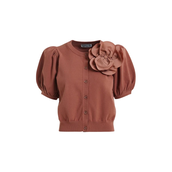 Essentiel Antwerp Terracotta fine knit cardigan with oversized flower brooch