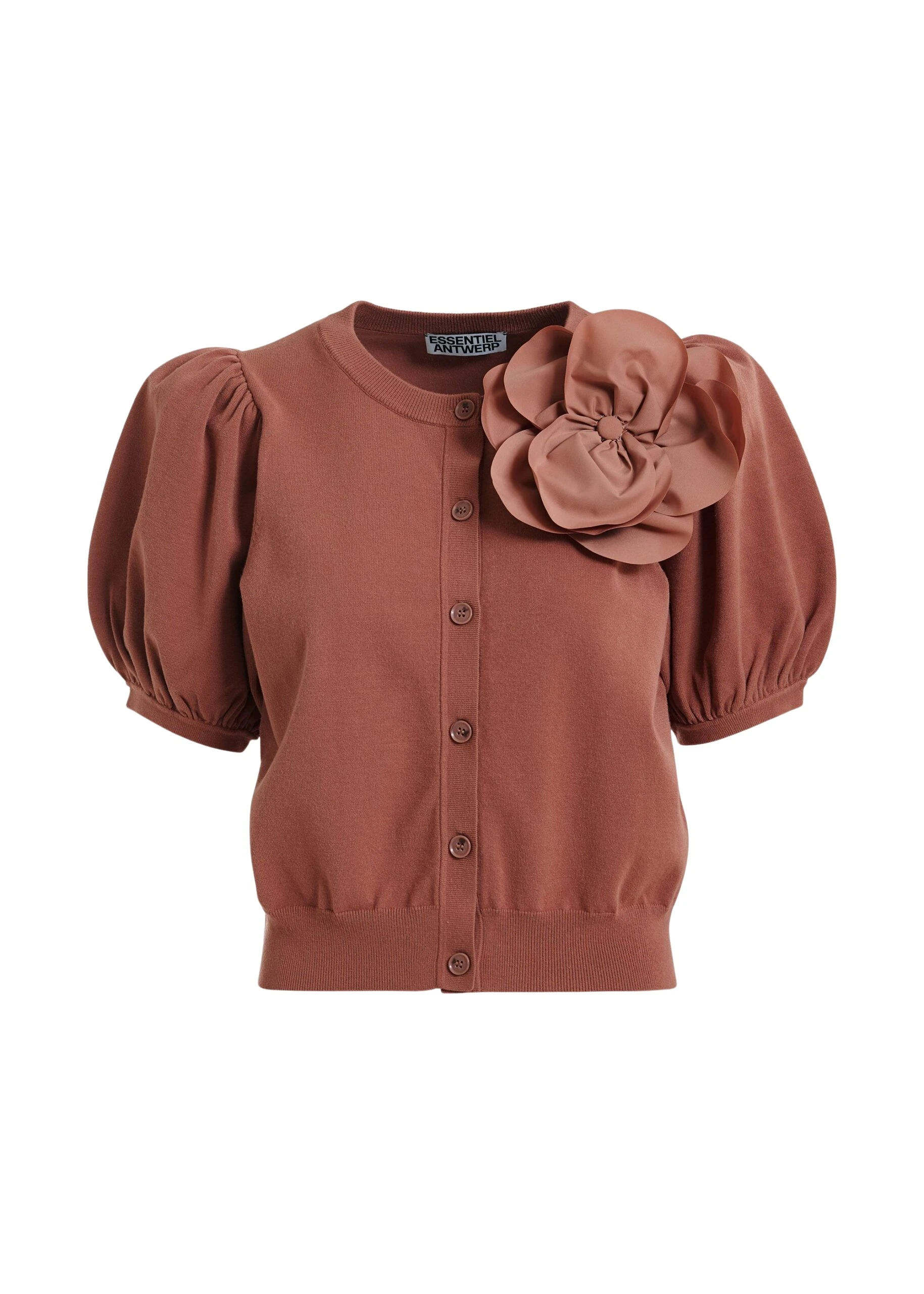 Essentiel Antwerp Terracotta fine knit cardigan with oversized flower brooch