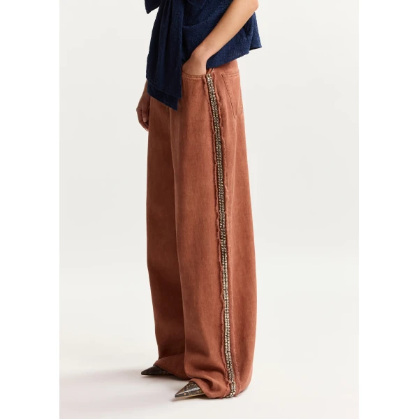 Essentiel Antwerp Terracotta high-rise wide-leg jeans with embellished side trims, view 3