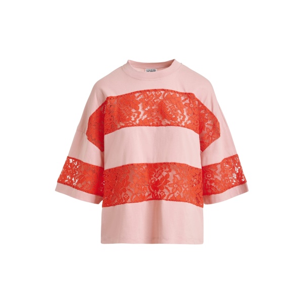 Vintage pink and orange organic cotton striped lace insert T-shirt