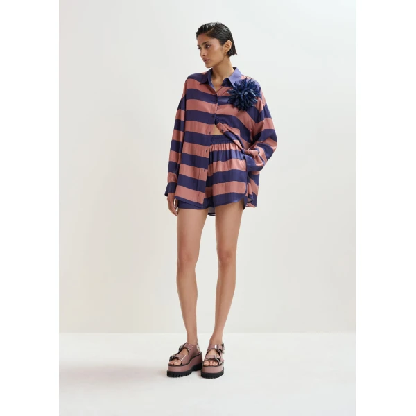 Essentiel Antwerp Vintage pink and purple striped mini sports shorts, view 2