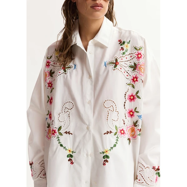 Essentiel Antwerp White and multicolor floral embroidered oversized cotton shirt, view 2