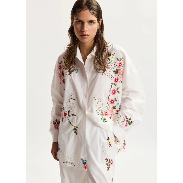 Essentiel Antwerp White and multicolor floral embroidered oversized cotton shirt, view 3