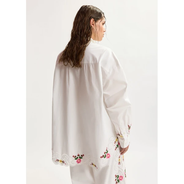 Essentiel Antwerp White and multicolor floral embroidered oversized cotton shirt, view 4