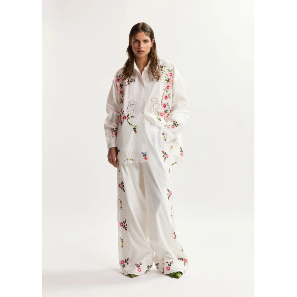 Essentiel Antwerp White and multicolor floral embroidered oversized cotton shirt, view 6