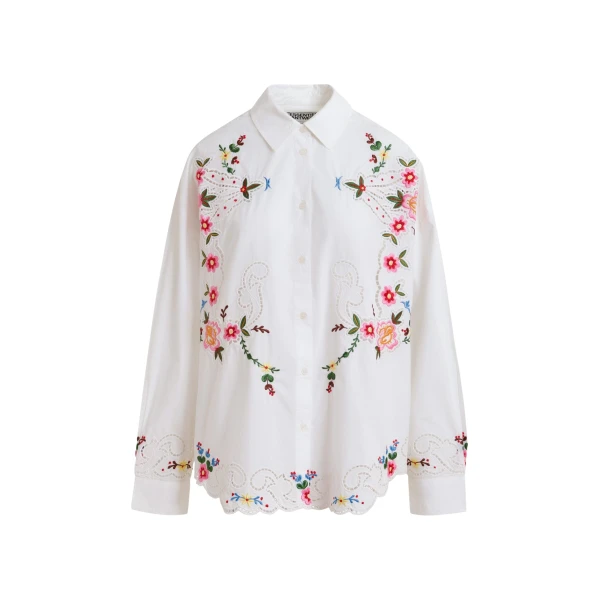 Essentiel Antwerp White and multicolor floral embroidered oversized cotton shirt