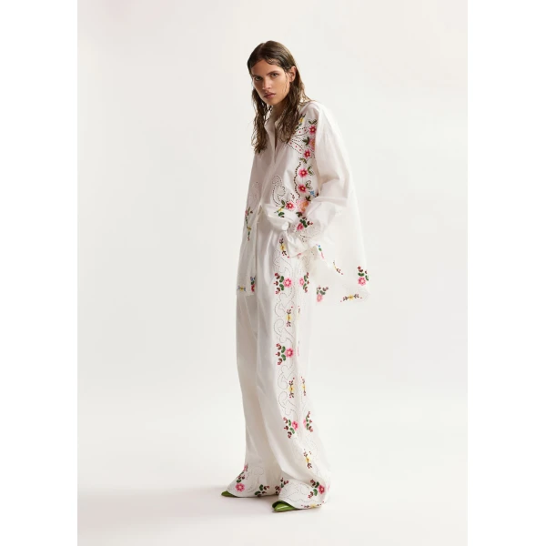 Essentiel Antwerp White and multicolor floral embroidered wide-leg cotton pants, view 2