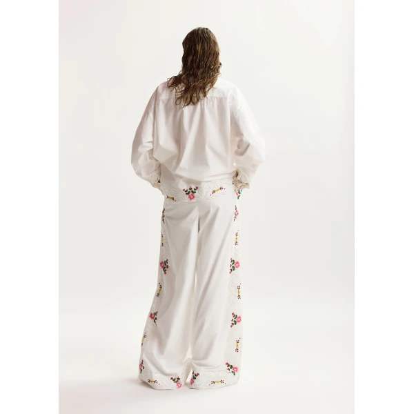 Essentiel Antwerp White and multicolor floral embroidered wide-leg cotton pants, view 3