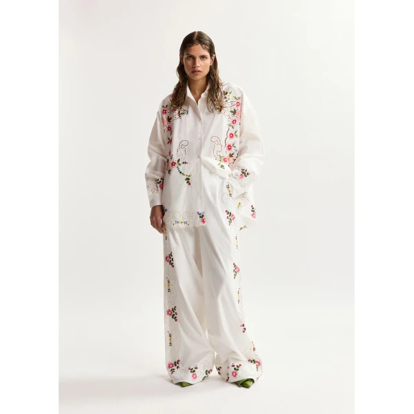 Essentiel Antwerp White and multicolor floral embroidered wide-leg cotton pants, view 4