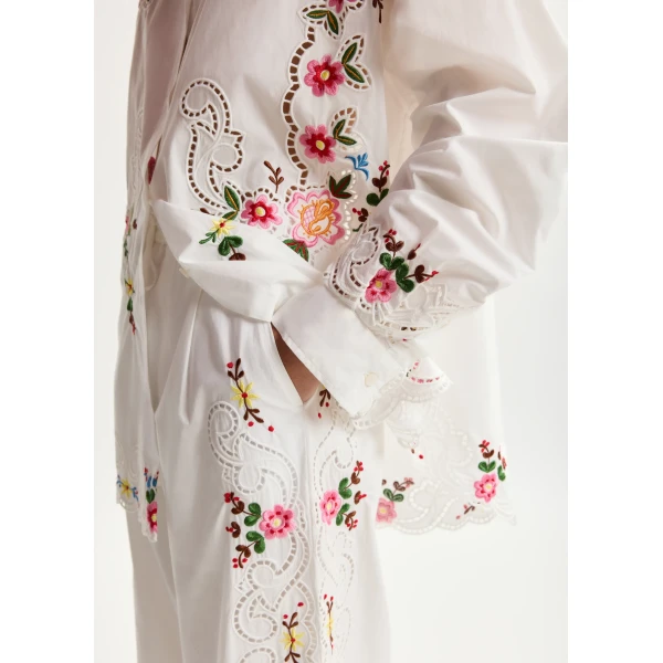 Essentiel Antwerp White and multicolor floral embroidered wide-leg cotton pants, view 5