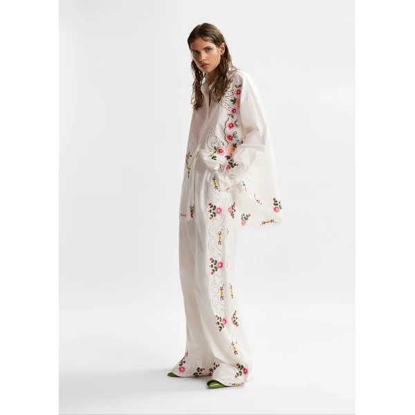 Essentiel Antwerp White and multicolor floral embroidered wide-leg cotton pants, view 6