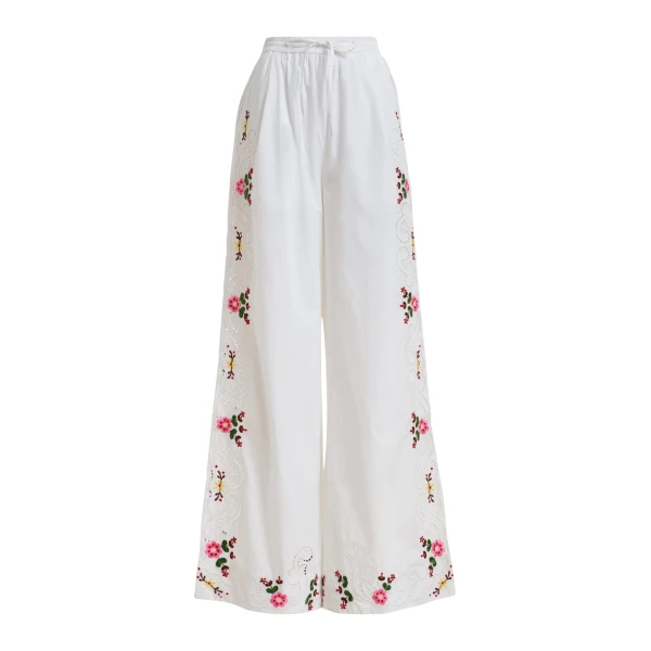 Essentiel Antwerp White and multicolor floral embroidered wide-leg cotton pants