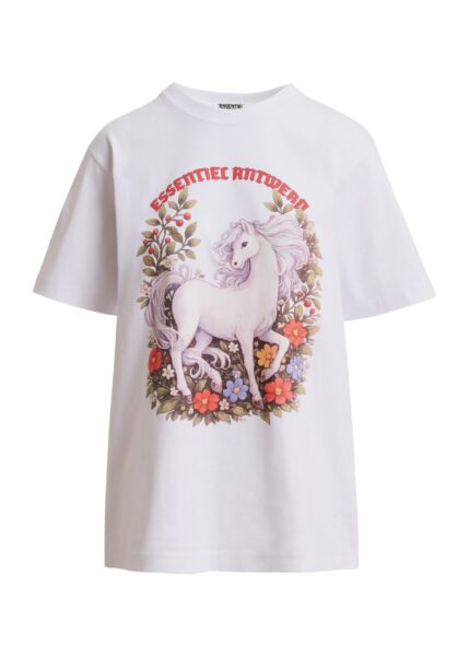 White and multicolor horse with floral motif oversized T-shirt