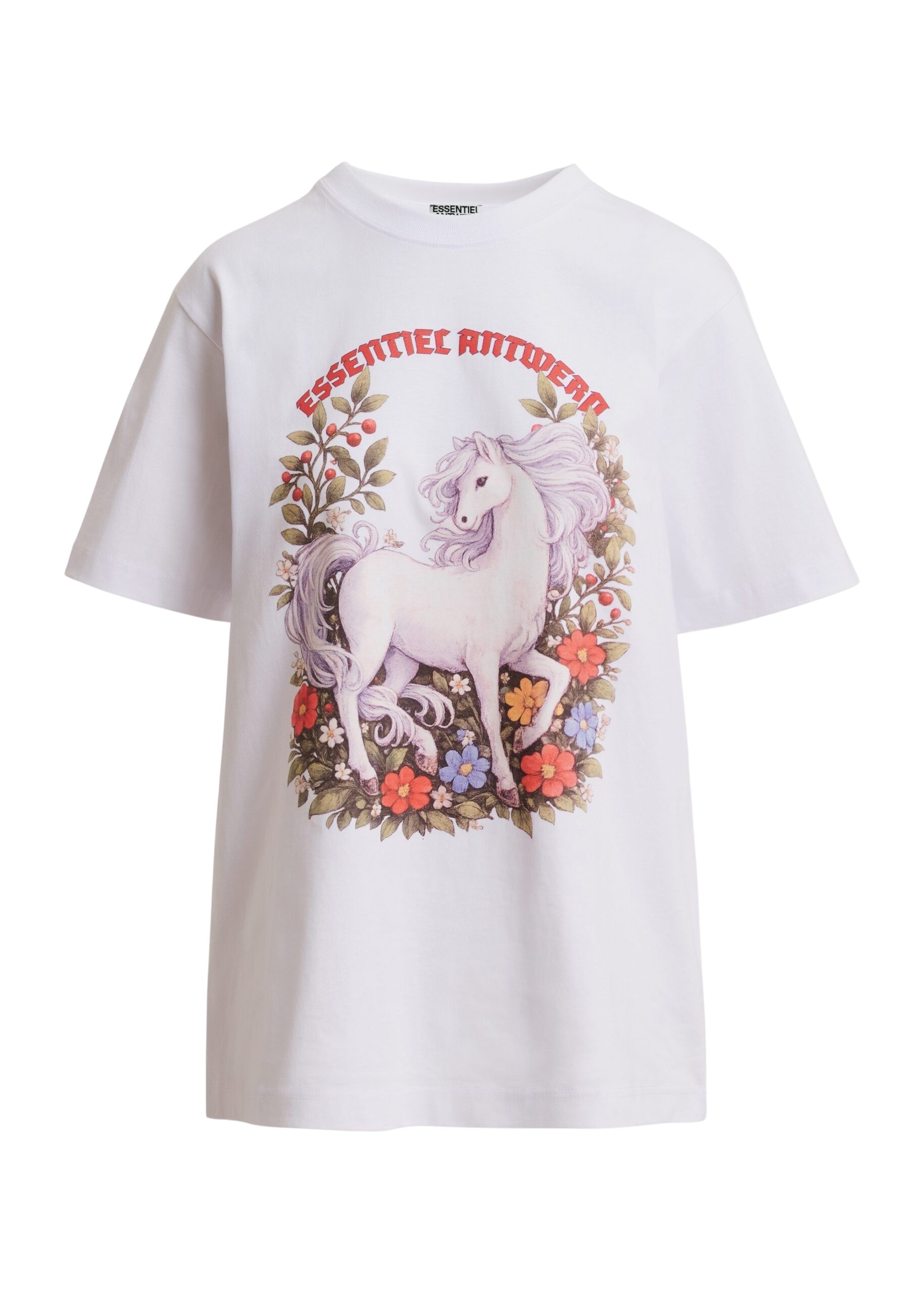 White and multicolor horse with floral motif oversized T-shirt
