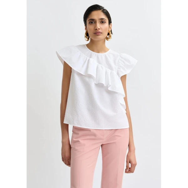 Essentiel Antwerp White asymmetrical top with ruffle details, view 3