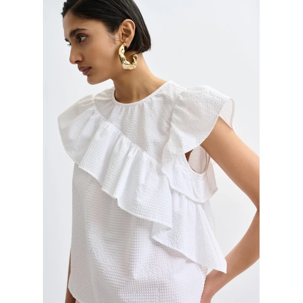 Essentiel Antwerp White asymmetrical top with ruffle details, view 4