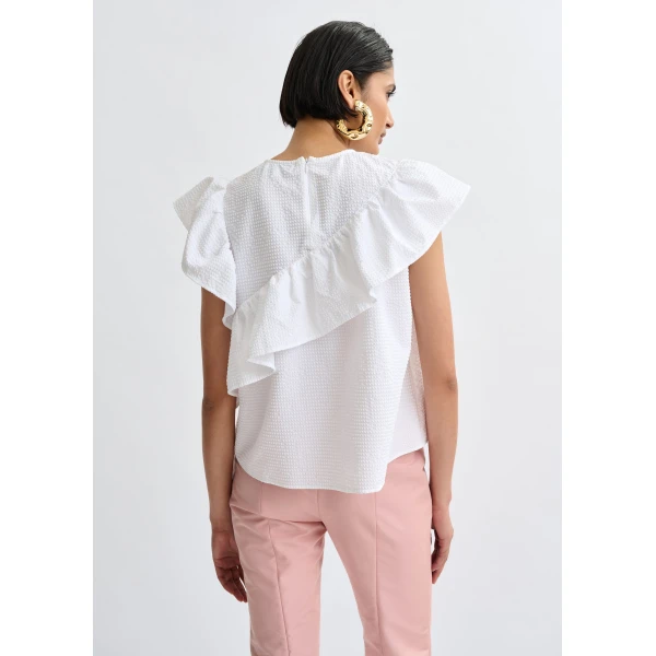 Essentiel Antwerp White asymmetrical top with ruffle details, view 5