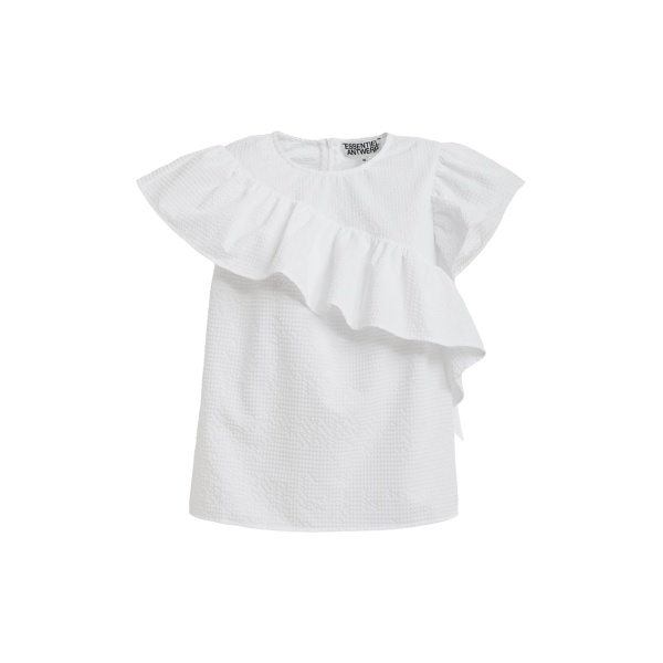 White asymmetrical top with ruffle details
