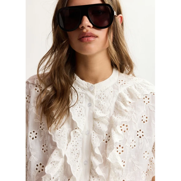 Essentiel Antwerp White broderie anglaise cotton blouse with ruffled trims, view 2