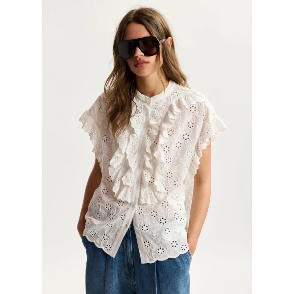 Essentiel Antwerp White broderie anglaise cotton blouse with ruffled trims, view 3