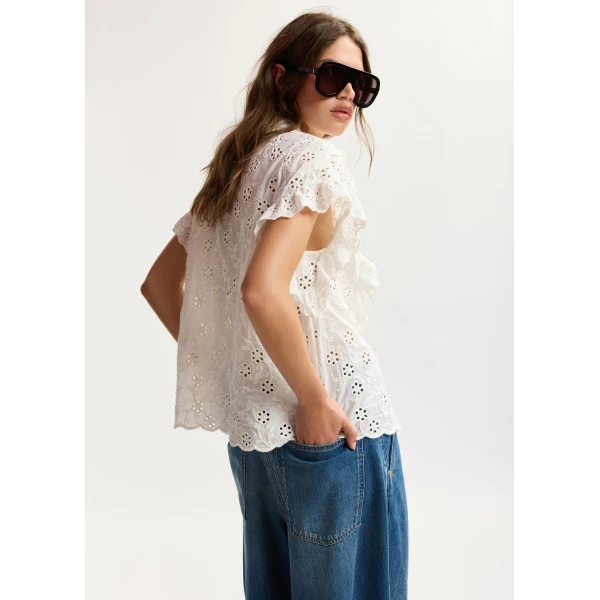 Essentiel Antwerp White broderie anglaise cotton blouse with ruffled trims, view 4