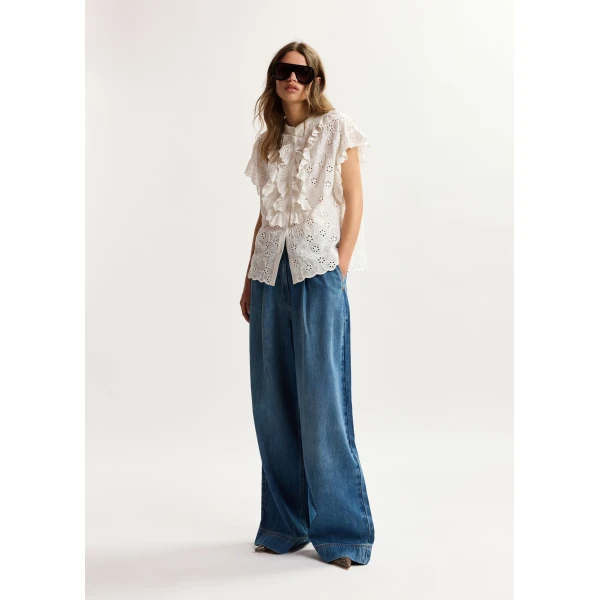 Essentiel Antwerp White broderie anglaise cotton blouse with ruffled trims, view 5
