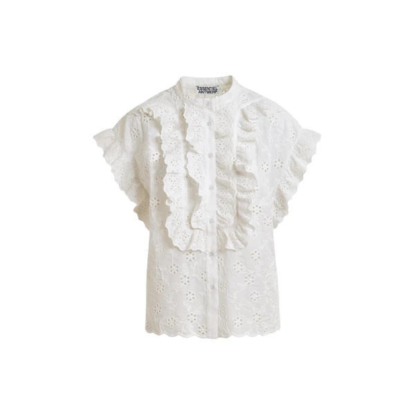 Essentiel Antwerp White broderie anglaise cotton blouse with ruffled trims