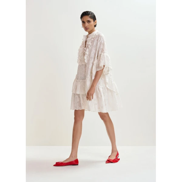Essentiel Antwerp White broderie anglaise cotton mini dress with ruffled trims, view 2