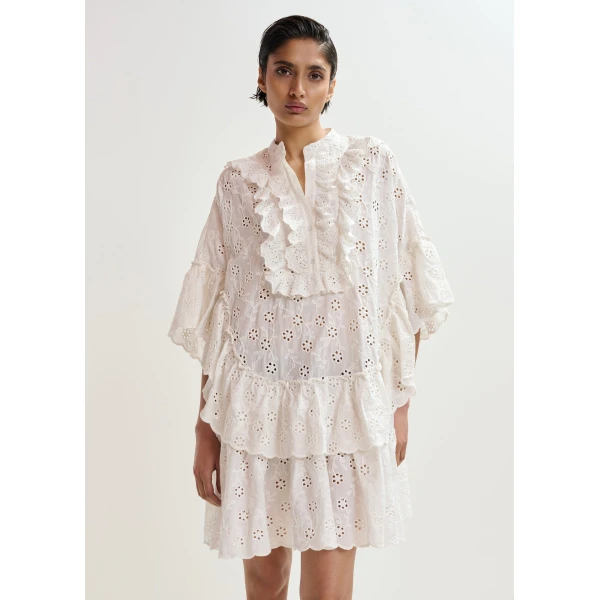 Essentiel Antwerp White broderie anglaise cotton mini dress with ruffled trims, view 3
