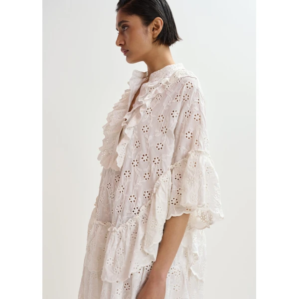 Essentiel Antwerp White broderie anglaise cotton mini dress with ruffled trims, view 4