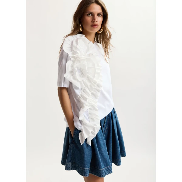 Essentiel Antwerp White cotton T-shirt with oversized floral ruffle detail Top, view 2