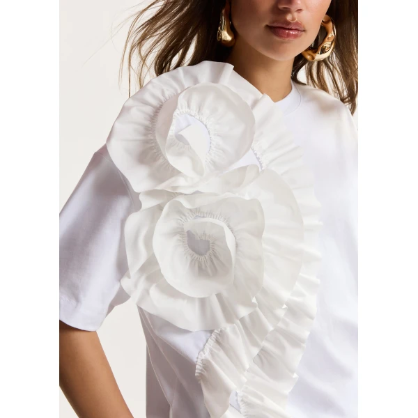Essentiel Antwerp White cotton T-shirt with oversized floral ruffle detail Top, view 3