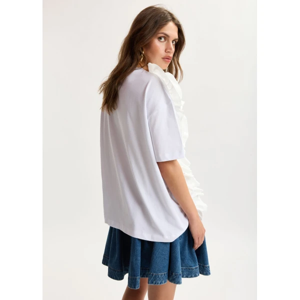 Essentiel Antwerp White cotton T-shirt with oversized floral ruffle detail Top, view 4
