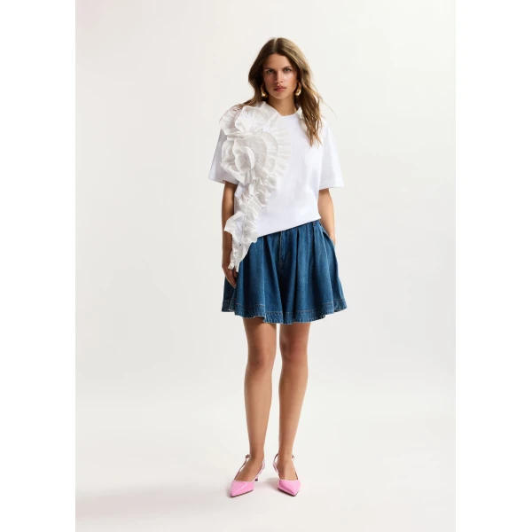 Essentiel Antwerp White cotton T-shirt with oversized floral ruffle detail Top, view 5