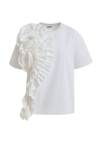 White cotton T-shirt with oversized floral ruffle detail