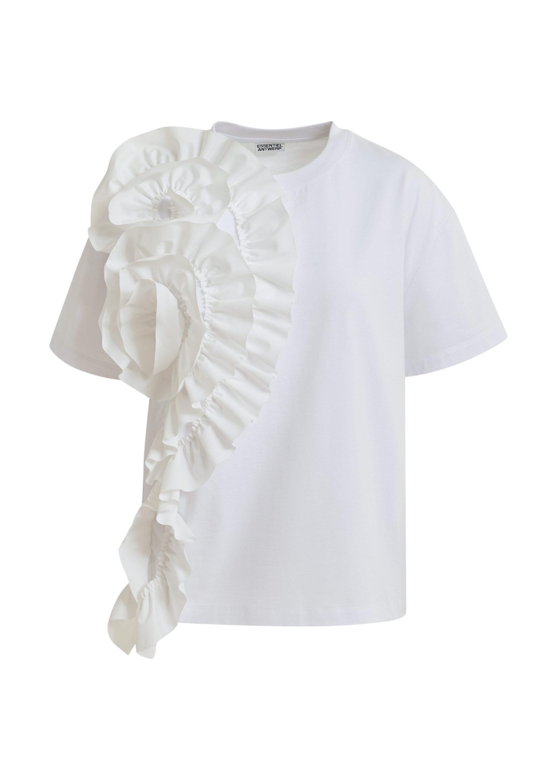 White cotton T-shirt with oversized floral ruffle detail